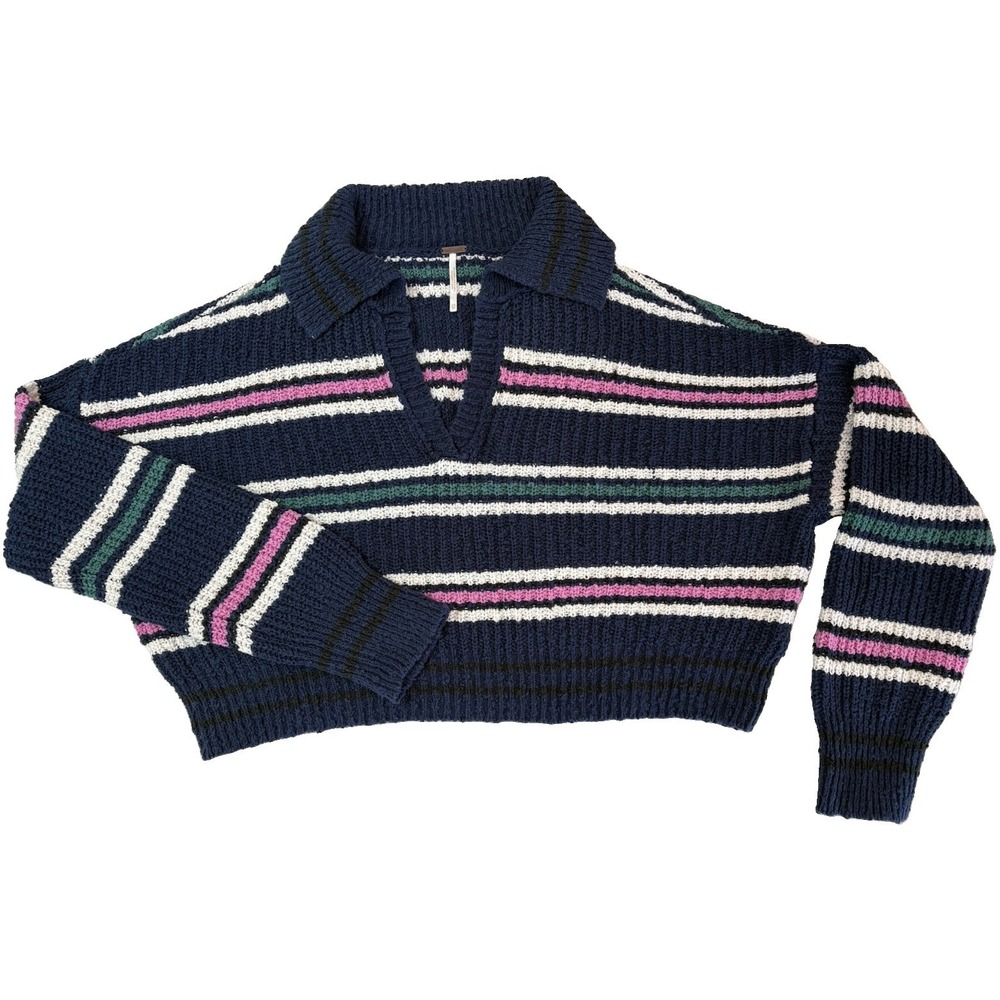 Free People Kennedy Pullover Sweater XS Midnight Sail Navy Striped Cotton Knit